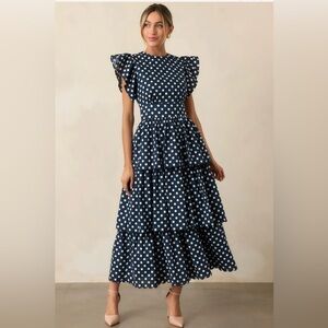 Navy Polka Dot Tiered Maxi Dress with Flutter Sleeves